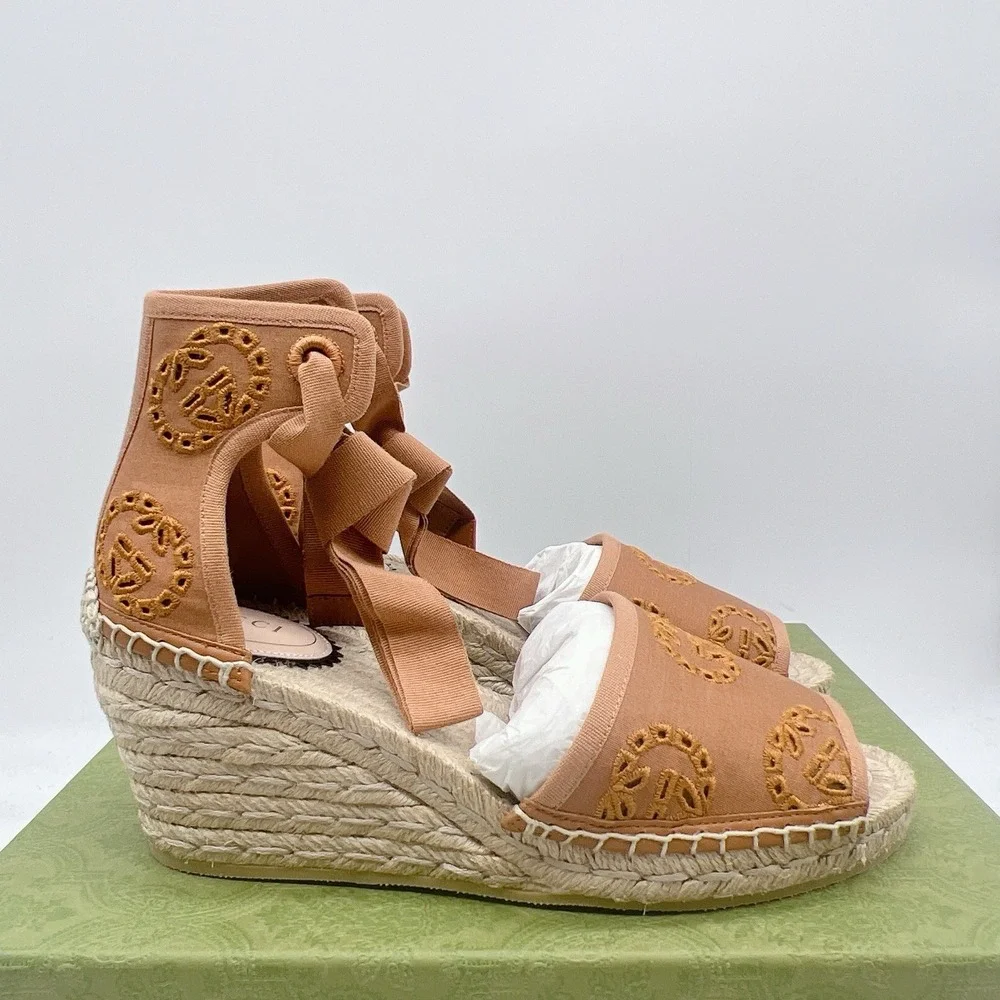 Gucci GG Damita Espadrille Wedge Sandal Eyelet Canvas Cognac Brown EU 38 US 8